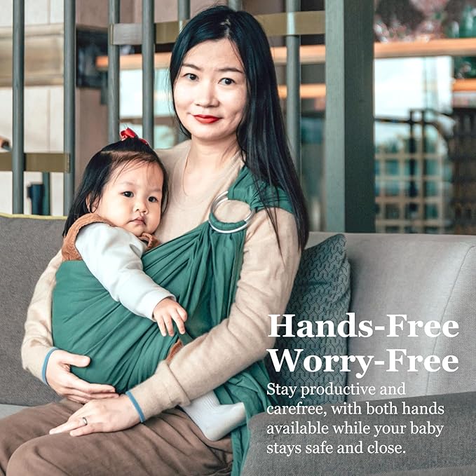 Ring Sling Baby Carrier, Soft Linen Cotton Baby Sling Carrier Newborn to Toddler, Baby Wrap Carrier for Plus Size Parents, Perfect Shower Gift, Green