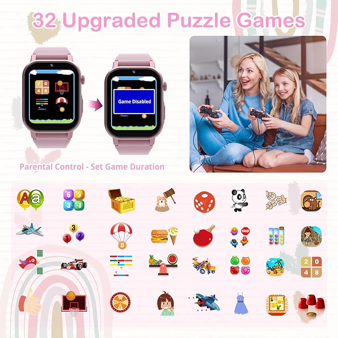 Kids Smart Watch for Girls Age 5-12, 32 Games HD Touch Screen Girls Watch with Camera Video Music Player Pedometer Flashlight 12/24 hr Gifts for 6 7 8 9 10 Year Old Girl Birthday Gift