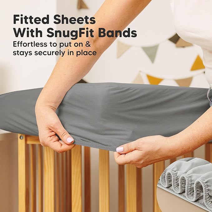 Waterproof Crib Mattress Protector Cover Fitted - 2-Pack Quiet Baby Crib Mattress Pad Sheets, 52" x 28" Soft Quilted Cotton Baby Sheet, Machine Washable, Easy Fit, Durable (Granite/Mavy)