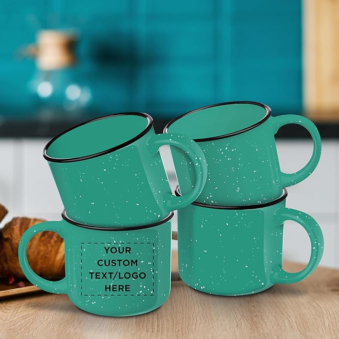 DISCOUNT PROMOS Custom Ceramic Campfire Coffee Mugs 13 oz. Set of 50, Personalized Bulk Pack - Perfect for Tea, Espresso, Cappuccino, Hot Cocoa - Mint