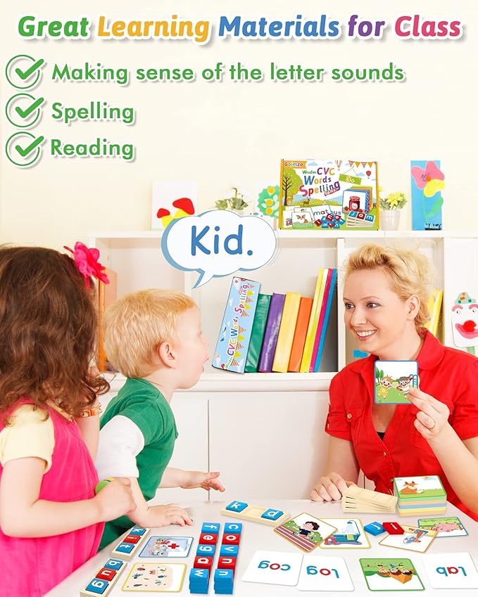 Gojmzo Wooden CVC Word Spelling Games, Preschool Kindergarten Learning Activities, Montessori Educational Toys Gifts for 3 4 5 6 Year Old Kids, Sight Words Flash Cards Reading Letters for Toddlers