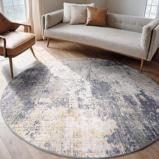 Washable Area Rugs 6ft Non-Slip Modern Abstract Soft for Living Room Entryway Bedroom Nursery, Print Pattern, Purple Grey Cream Yellow