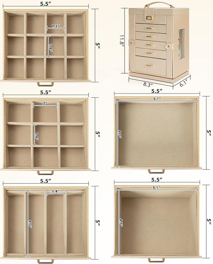 AKOZLIN Jewelry Box 6-Tier Organizer Functional 360° Rotating Jewelry Storage Case for Women Girls Ring Necklace Earring Bracelet Holder with Mirror