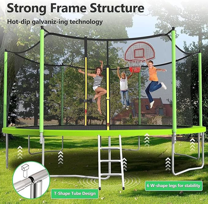 Upgraded 16FT 15FT 14FT 12FT 10FT 8FT Trampoline Outdoor with Basketball Hoop and Net, Capacity for 4-6 Kids and Adults
