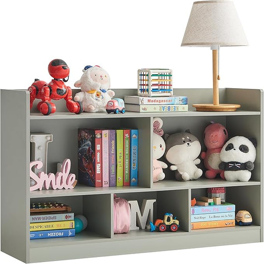 Kids Toy Storage Organizer, 5-Section Bookshelf for Organizing Books Toys, Wooden Storage Cabinet Daycare Furniture for School, Classroom Playroom, Nursery, Kindergarten (Grey)