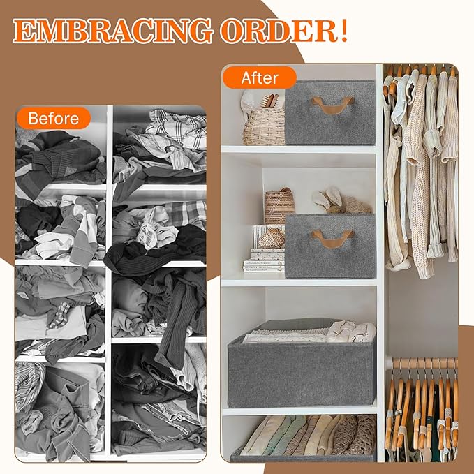 10 Pack Large Capacity Storage Bins, 25L Fabric Closet Organizer With Handles, Collapsible Baskets for Shelves, Clothing, Sheets, Books, Toys (Gray)