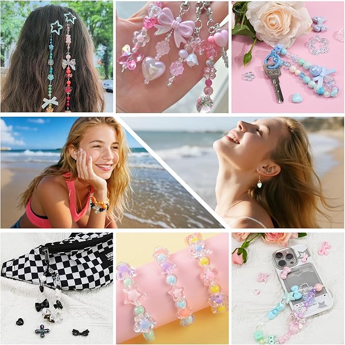 Sunlode Acrylic Beads for Bracelet Making, Assorted 6 Colors Cute Beads, Flower Bow Candy Bear Kawaii Bracelet Charms for Jewelry Making, Necklace Keychains Phone Charms DIY Crafts Gifts for Girls