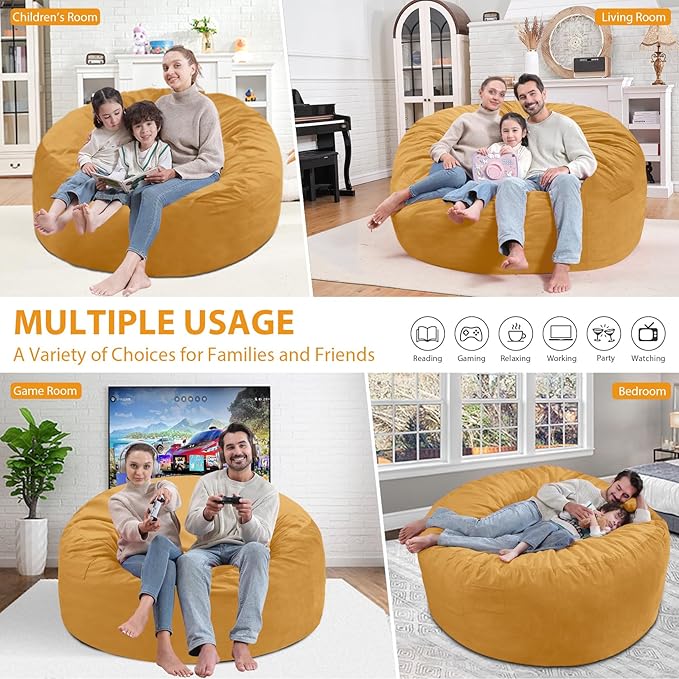 5FT Bean Bag Chair, Large Bean Bag Chairs with Memory Foam Filled, Fluffy Beanbag Sofa with Dutch Velvet Cover, Round BeanBag Chairs for Living Room, Playroom - Mustard