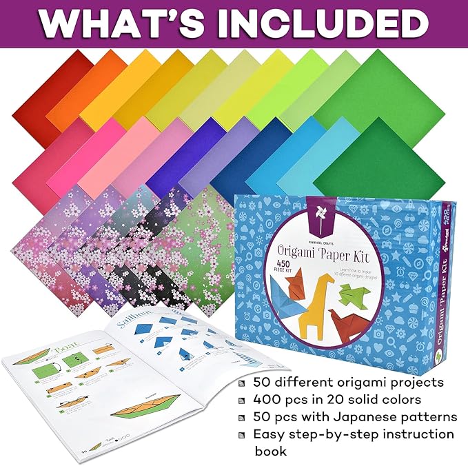Pinwheel Crafts Origami Paper Kit 50 Projects with 450 Sheets of Colored and Patterned Paper - Easy Origami Kit for Kids Ages 5-8+, Fun Art and Crafts Gift Set for Boys and Girls
