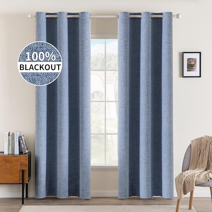 MIULEE Linen Blackout Curtains and Drapes 100% Room Darkening Thermal Insulated Grommet Window Panels with Coating 2 PCs W 42 x L 90 inches Stone Blue