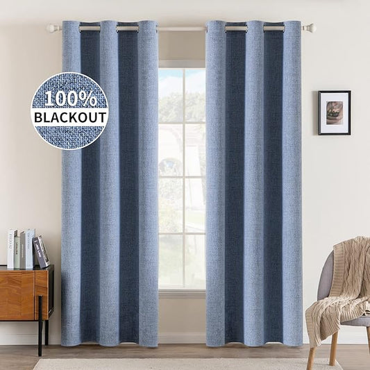 MIULEE Linen Blackout Curtains and Drapes 100% Room Darkening Thermal Insulated Grommet Window Panels with Coating 2 PCs W 42 x L 84 inches Stone Blue