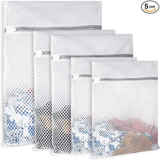 5Pcs Durable Honeycomb Mesh Laundry Bags for Delicates,Travel Organization Bag for Clothes,Jeans,Bath Towels,Bed Sheets (1X-Large 20 x 24 Inches,2 Large 16 x 20 Inches, 2 Medium 12 x 16 Inches)