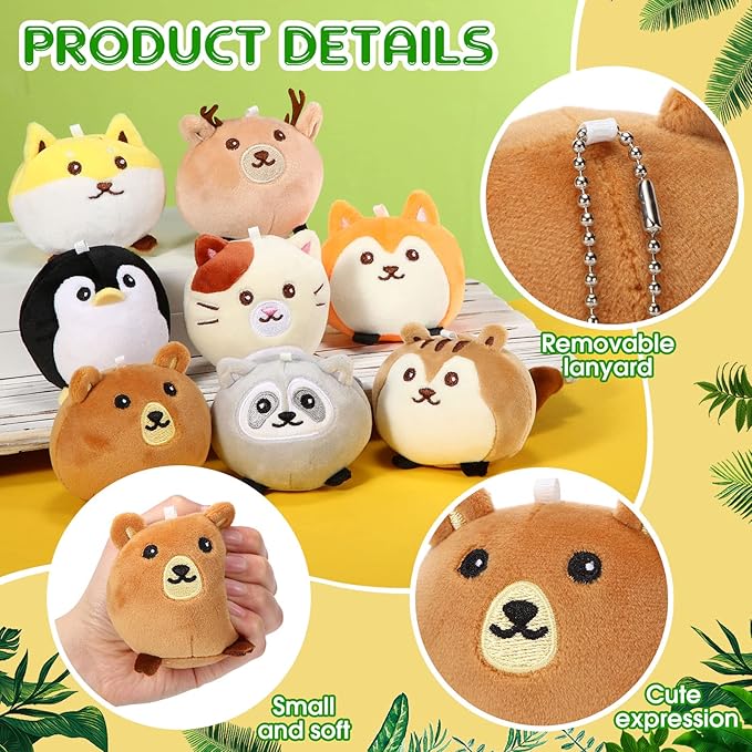 Aoriher 8 Pcs Mini Woodland Animals Plush Toys 3.15 Inch Soft Stuffed Animals Ornaments Bulk Colorful Woodland Keychain for Birthday Baby Shower Party Decors Classroom Prizes(Regular Style)