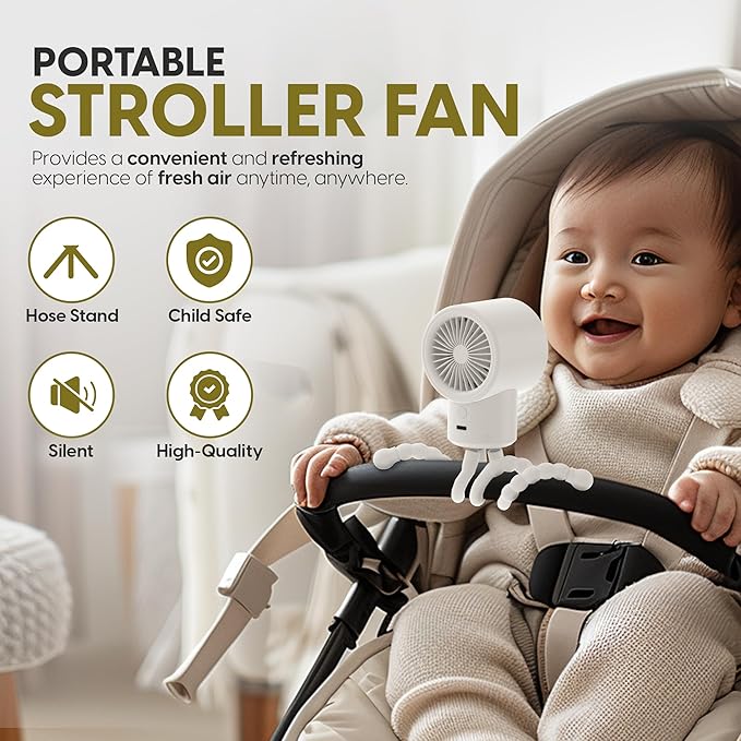 Portable Mini Travel Stroller Fan - Battery Operated, Clip On, Small, Handheld, Rotating, Rechargeable, Personal Fan with Flexible Tripod, 3 Speeds for Baby Crib, Bed Car, Seat Treadmill