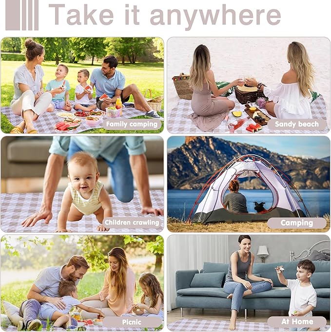 Extra Large Picnic Blanket 80''x 60'' Picnic Mat Waterproof Sand Proof Foldable for Beach, 5-Layer Outdoor Blanket for 6 to 8 Adults,Camping Lawn Hiking Travel Park Music Festival Wedding Mats(Brown)