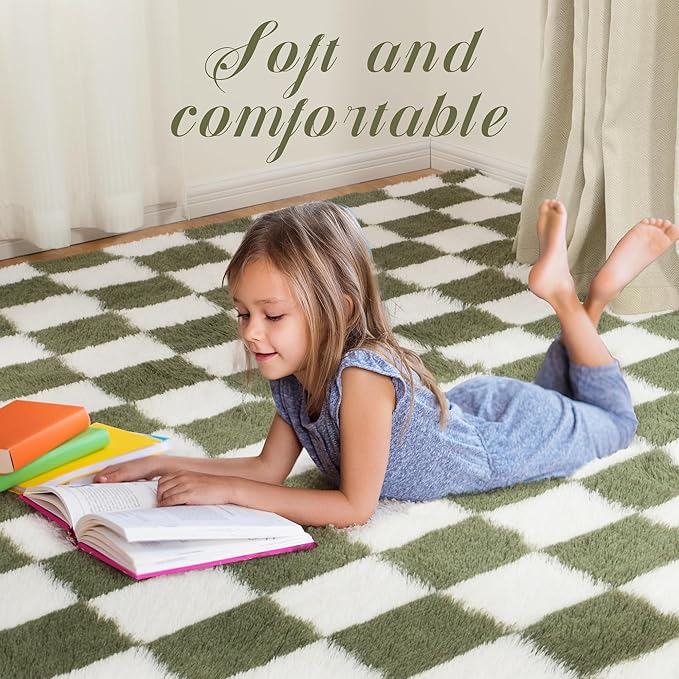 Super Soft Rug for Bedroom, 6x9 Ft Green and White Area Rug Classic Checkered Shaggy Anti-Skid High Pile Soft Fluffy Rug Fuzzy Carpet for Living Room Bedroom Kids Room Nursery, Dorm Home Decor