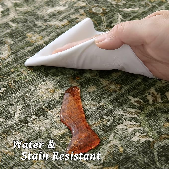 Washable 10x14 Area Rugs for Living Room, Boho Non-Slip Silicone Backing Rugs for Bedroom Dining Room Office, 0.3" Neutral Oriental Throw Carpet with 0.16" Cushioning Pad, Grass Green/Multi