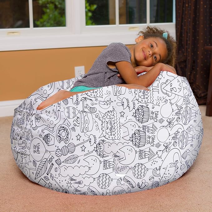 Posh Creations Bean Bag Chair for Kids, Teens, and Adults Includes Removable and Machine Washable Cover, Canvas Coloring Fabric - Fun Creatures, 38in - Large