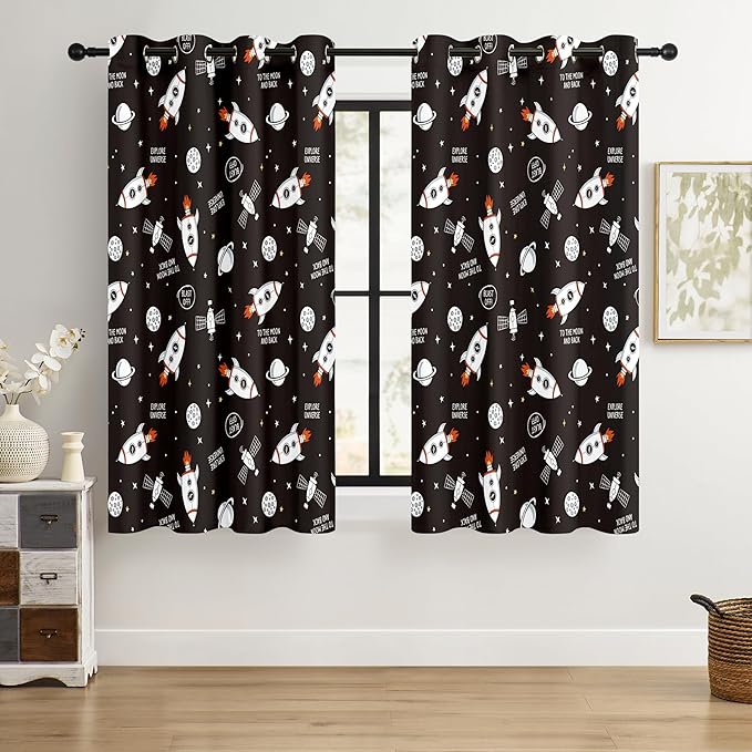 Kids Space Rocket Blackout Curtains - 100% Blackout, Thermal Insulated, Noise Reducing, Perfect for Kids Room and Nursery, 2 Panels (Blast-Off Moon Mission, W52×L63)