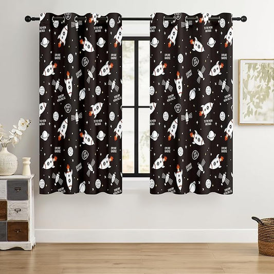Kids Space Rocket Blackout Curtains - 100% Blackout, Thermal Insulated, Noise Reducing, Perfect for Kids Room and Nursery, 2 Panels (Blast-Off Moon Mission, W52×L63)
