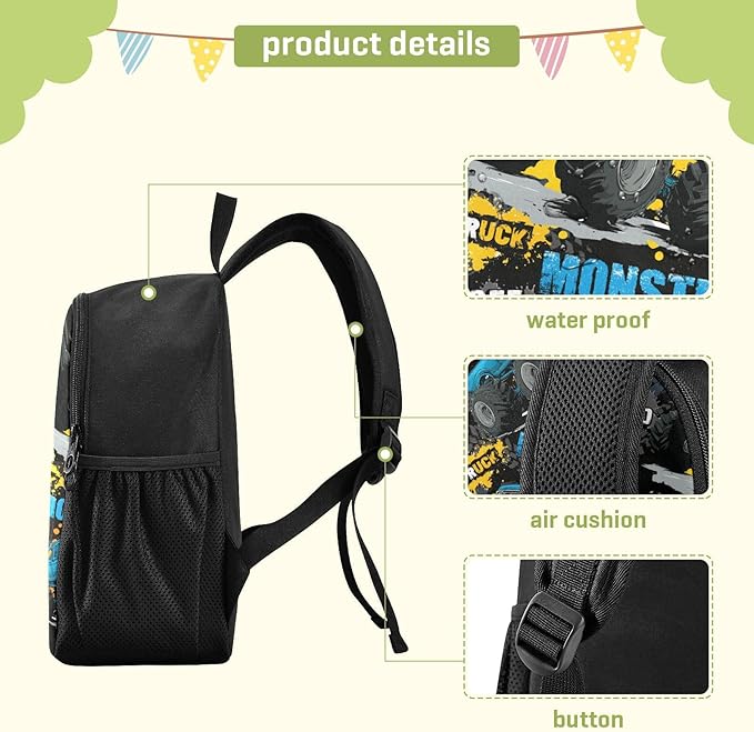 Toddler Monster Truck Waterproof Mini Backpack Boys/Girls Cute Small Kindergarten Pre School Bag (S)
