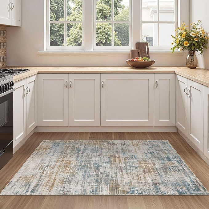 Area Rug for Living Room: 3x5 Washable Neutral Abstract Modern Soft Rugs Non Slip Indoor Floor Stain Resistant Carpet for Bedroom Dining Room Office Nursery - Blue Brown