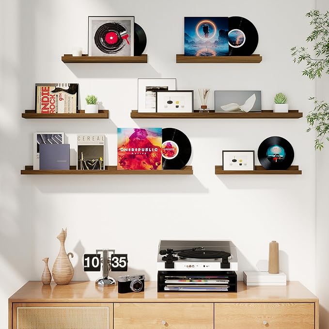 Axeman Picture Ledge Shelf, Floating Shelves for Wall Decor Storage Set of 6, 24 inch Floating Wall Mounted Shelves, Wall Shelves with Lip for Living Room, Bedroom, Nursery, Bathroom, Kitchen, Walnut