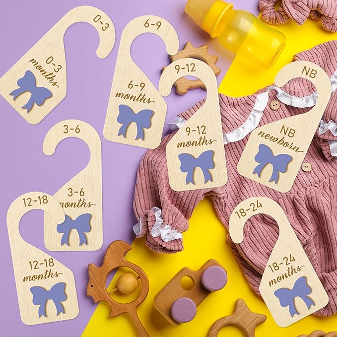 R HORSE Wooden Baby Closet Dividers - 8Pcs Double-Sided 3D Purple Bow Baby Closet Organizer Newborn Clothes Size Hanger Dividers Nursery Decor Baby Shower Birthday Gift for Boy Girl (0-24 Months)
