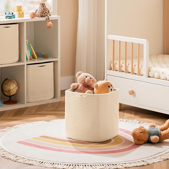 joybest Cube Storage Bins Set of 4, 13inch Cube Baskets Organizer for Nursery, Square Cotton Rope Baskets for Shelves Organizing, Kids Toy, Closet Storage, Beige