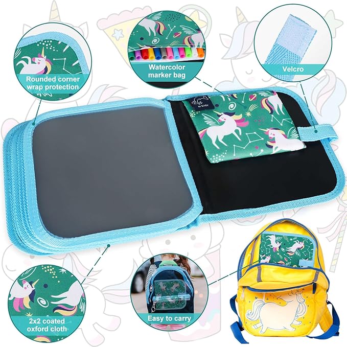 Erasable Doodle Set for Kids - Magic Drawing Book With 12 Watercolor Pens, 14 Page Reusable Drawing, Road Trip Car Game Writing Painting Set for Boys and Girls