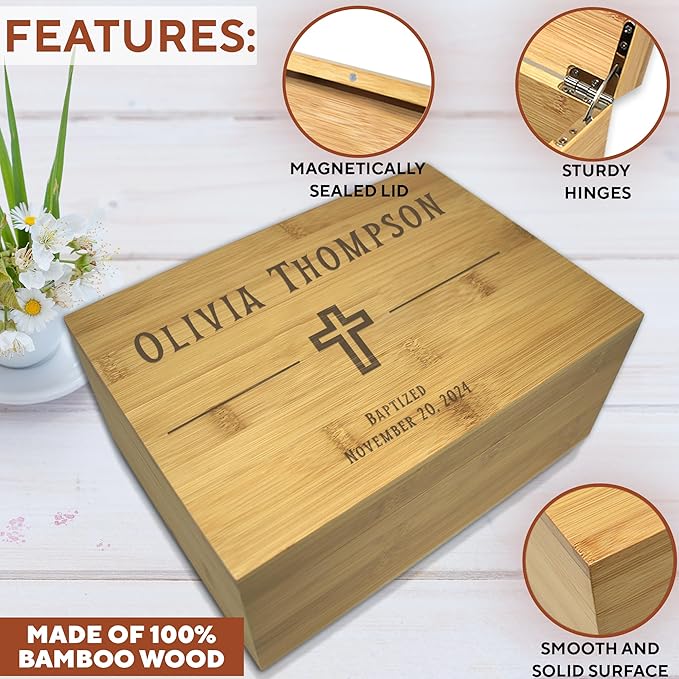 Baptism Memory Box Bamboo Wood - Personalized Baptism Gifts for Boys, First Communion Storage Box for Girls, Personalized Christening Gifts for Boys, Engraved Confirmation Keepsake Boxes, 11x8x4,75 in