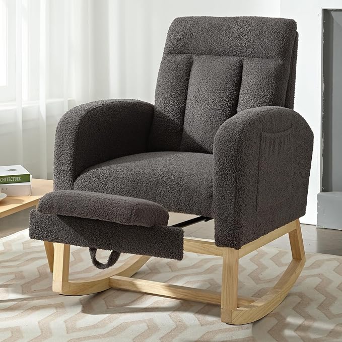 NIOIIKIT Modern Nursery Rocking Chair, Teddy Upholstered Rocking Chair with Footrest, Comfortable Rocker Recliner with Side Pocket, Glider Rocker for Living Room, Bedroom, Nursing Room (Dark Grey)