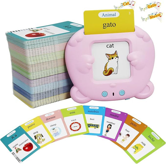 Spanish & English 510 Words Alphabet Bilingual Talking Flash Cards for 3-8 Years Toddlers, Pocket Speech Buddy Therapy Autism Toys, Educational Learning Interactive Toy for Boys Girls Kids Gifts Pink