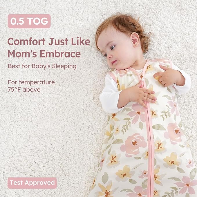Baby Sleep Sack 6-12 Months 3 Pack 100% Cotton Lightweight 0.5 TOG Wearable Blanket Baby Sleep Bag with 2-Way Zipper for Newborn Infant Pink Flowers & Leaf