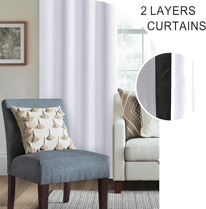 XWZO 100% Blackout Curtains with Tiebacks- Double Layers Completely Shaded Window Panels Thermal Insulated Lined Drapes for Bedroom/Living Room, Rod Pocket, White, W52 x L54, Set of 2 Panels