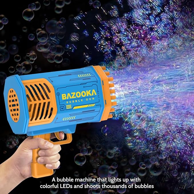 Bubble Gun Bazooka Machine with Solution - 69 Holes Blaster for Outdoor Summer Toy, Party Favors - Blue Bubble Maker Blowers for Kids