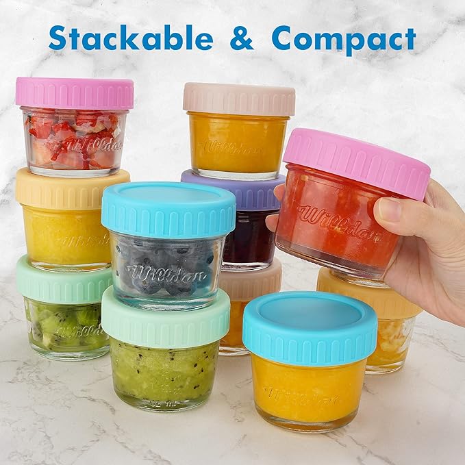WILLDAN Glass Baby Food Storage Jars w/Lids (4 oz, 24 Pack Set) Snack, Puree, Reusable Small Containers, Breast Milk, Fridge or Freezer, Microwave & Dishwasher Safe, Essential Must Have for Infants