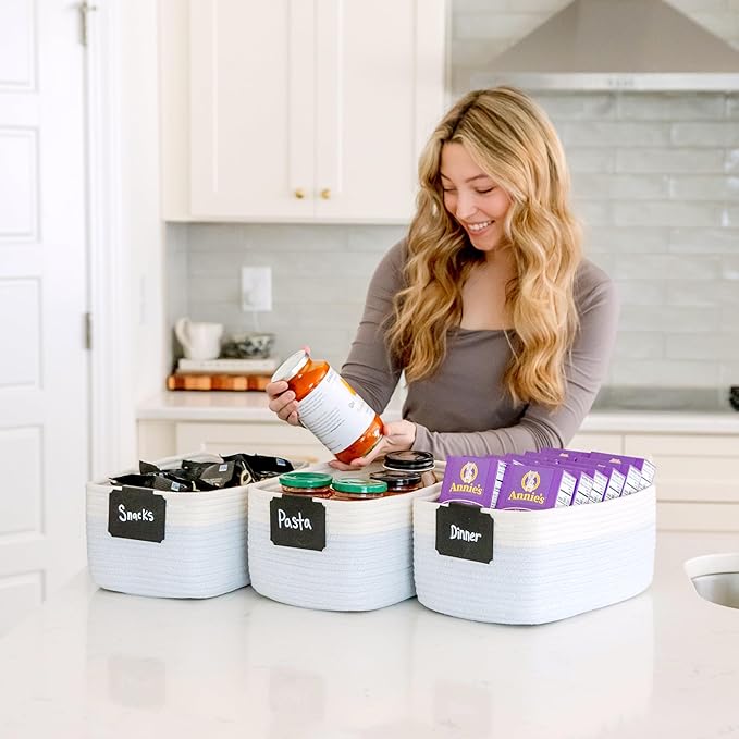 NaturalCozy 13.5”x8.5”x5.5” Rectangle Storage Baskets for Shelves 3 Pack | Cotton Rope Woven Small Baskets for Organizing | Small Storage Bins for Nursery, Bathroom, Closet, Shelf, Decorative