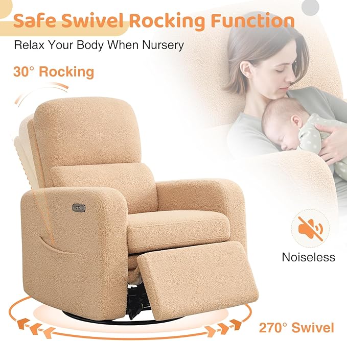 Swivel Rocker Recliner, Oversized Power Nursery Recliner Chair, Swivel Glider Reclienr with Removable Cushion, Upholstered Boucle Recling Chair for Nursery Living Room Bedroom, Teddy Camel