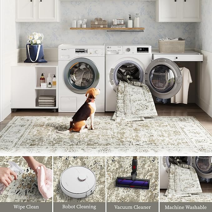 jinchan Runner Rug 2x6 Washable Hallway Runner - Vintage Floral Non Slip Low-Pile Soft Thin Kitchen Rug Distressed Carpet for Farmhouse Bedroom Entryway Laundry Room(2x6ft,Taupe)