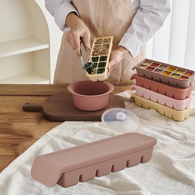 Silicone Freezer Trays with Lid,2ea 0.7oz 12 Cube-Leak Proof Silicone Freezer molds for Homemade Baby Food Breastmilk, Purees, Vegetables, Fruit, Baby Food Jars Ice Tray with Lid BPA Free Beige