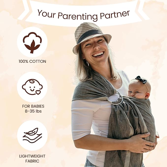 Hip Baby Wrap Ring Sling Baby Carrier for Infants and Toddlers - Beautiful, 100% Soft Cotton Baby Wraps Carrier for Babies 8-35 lbs - Perfect Baby Shower Gifts Moms and Dads - Nursing Cover (Stone)