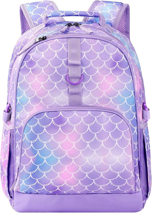 Choco Mocha Mermaid Backpack for Girls, Elementary School Backpack for Girls Ages 6-8 Kids Kindergarten Backpack Large Bookbag 18 Inch with Chest Strap, Blue Purple