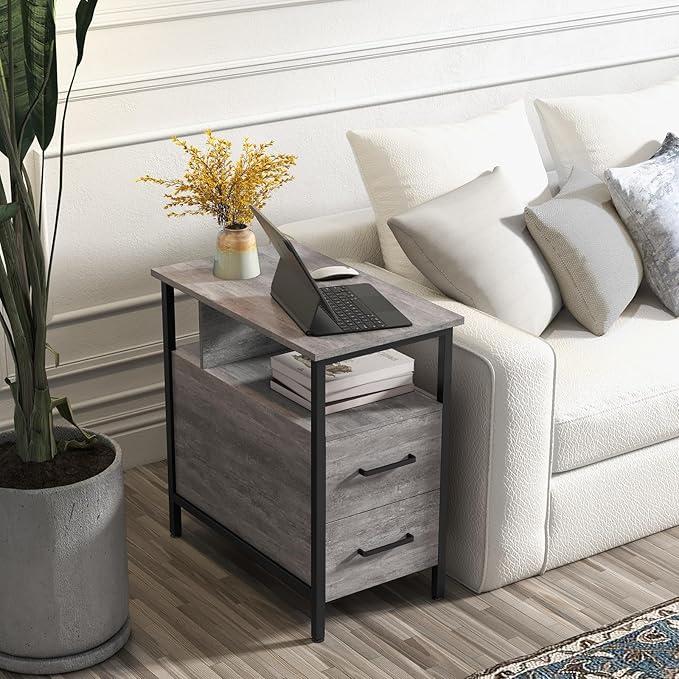 Side Table, Gray End Tables with Charging Station, Narrow End Table with Wooden Drawers, USB Ports and Power Outlets, Nightstand and Bedside Table, Side Table Living Room, Bedroom