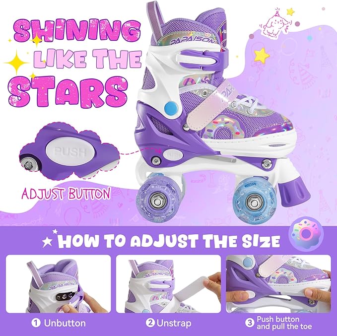 PAPAISON Adjustable Roller Skates for Girls Illuminating Wheels, Kids Toddler Rollerskates Ages 4-6 5-8 8-12