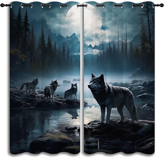 Wolf Blackout Curtains for Boys Girl Bedroom Decor,Dreamy Forest Full Moon Wolf Pack Thermal Insulated Grommet Drapes Darkening Window Curtain for Living Room Home 42x45 inch