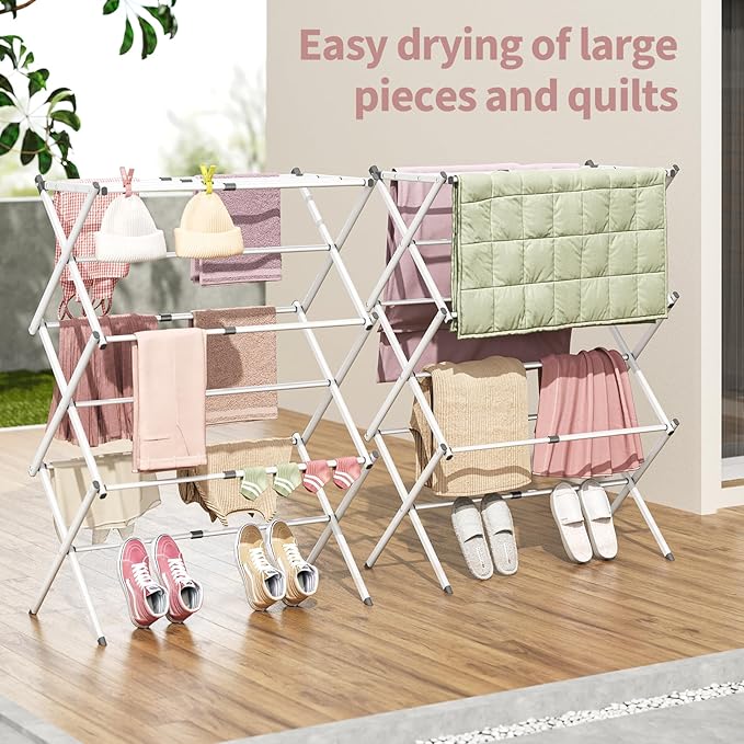 APEXCHASER Clothes Drying Rack, 3-Tier Laundry Drying Rack for Clothes, Expandable Metal Clothing Dryer, Collapsible Towel Rack, Air Drying Rack, White