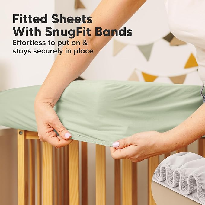 Waterproof Crib Mattress Protector Cover Fitted - 2-Pack Quiet Baby Crib Mattress Pad Sheets, 52" x 28" Soft Quilted Cotton Baby Sheet, Machine Washable, Easy Fit, Durable (Sage/Mavy)