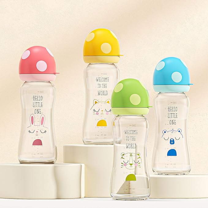 YOHKOH Natural Glass Baby Bottle with Natural Response Nipple, Newborn Anti-Colic Baby Bottles, Wide Neck Mushroom Cap Baby Bottle, Clear (8.8ounce (Pack of 2), Multicolour1)