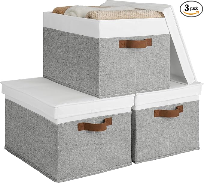 StorageWorks Storage Bins with Lids, Decorative Storage Boxes with Lid and PU Handles, Foldable Storage Baskets for Closet, Shelves, Stackable, Gray and White, Jumbo, 3-Pack